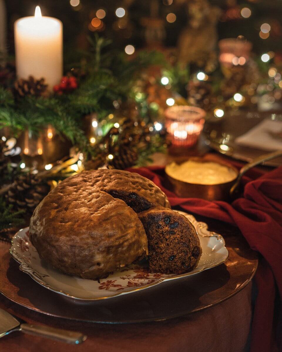 clootie dumpling on a festive table in midwinter Hogmanay celebration