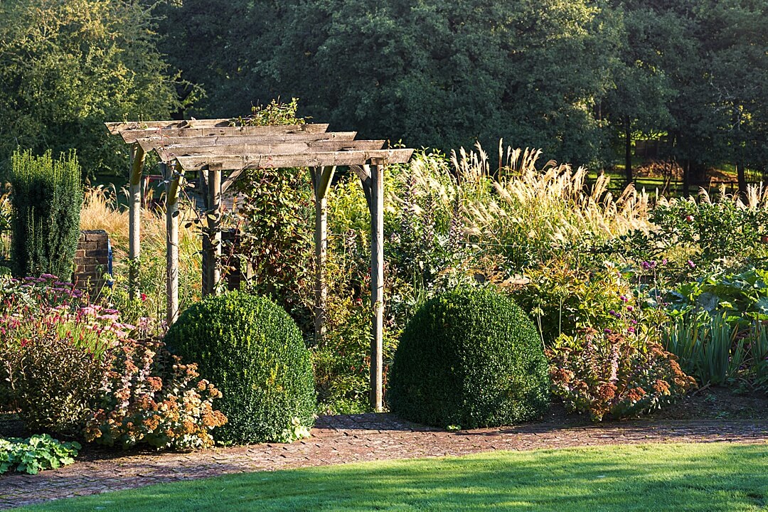pergola from lawn leading to prairie style planted borders 