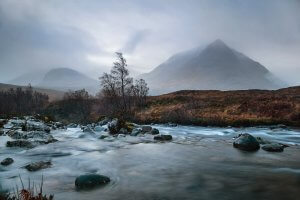 River Coupall, Glen Etive, Scotland in November mist