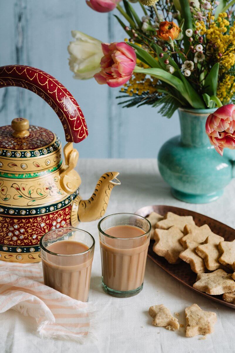Mandira's Kitchen food photography with chai and Indian handprinted teapot