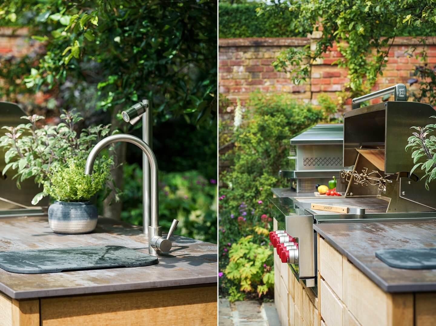 outdoor kitchen details of oven, worktops and sink