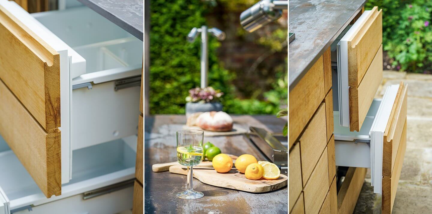 outdoor kitchen details of drawers and worktops