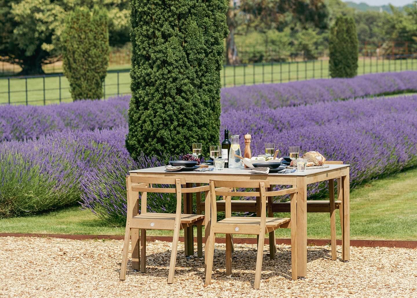 dining set table and chairs in a lavender garden