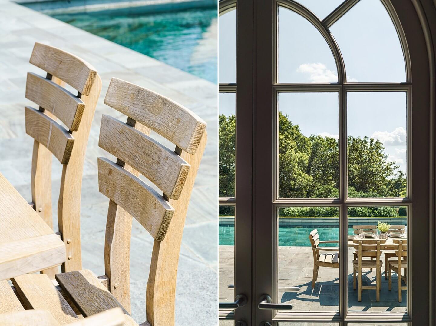 Gaze Burvill wooden dining set by a poolside in midsummer outdoor living garden photographer