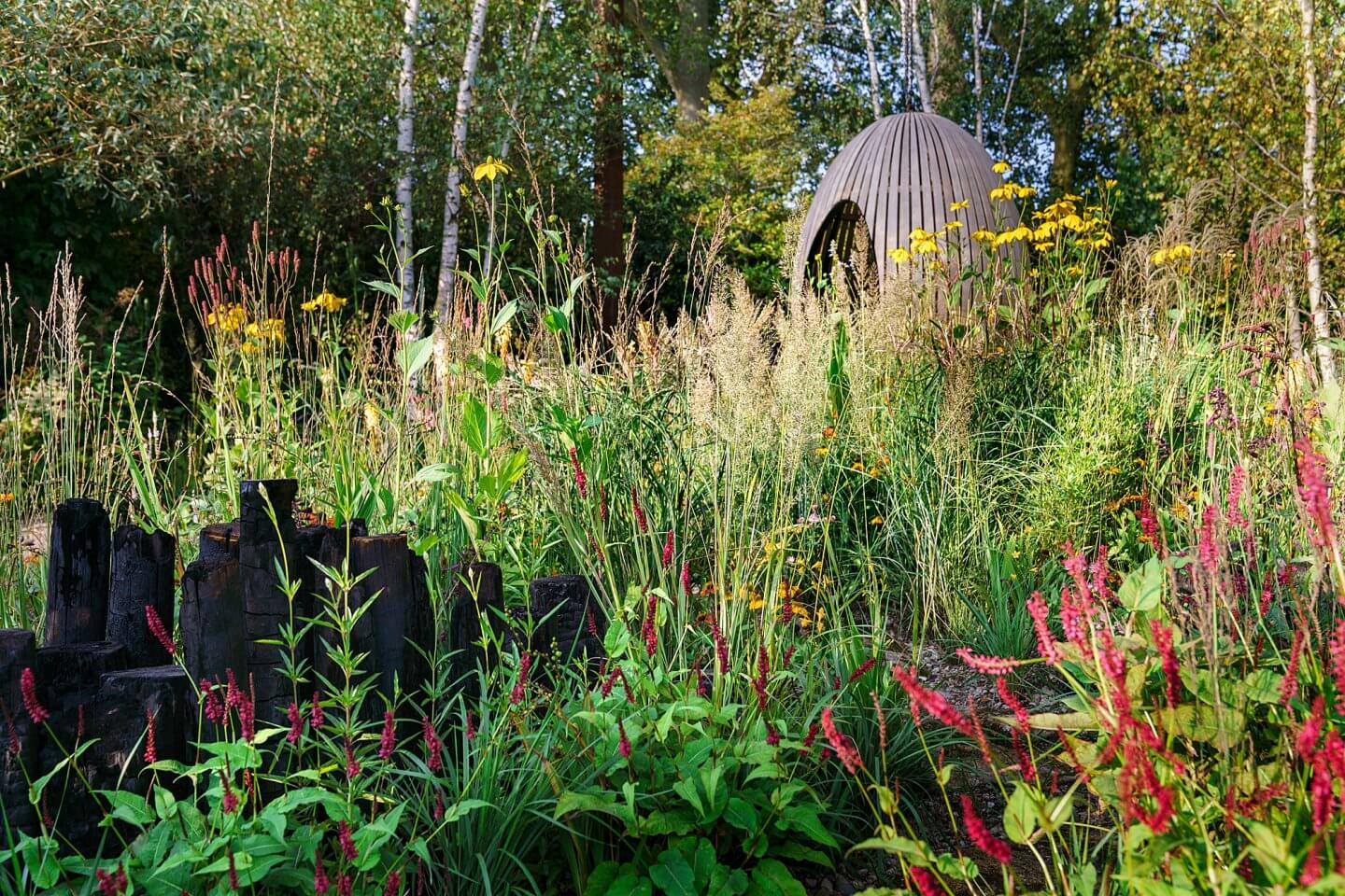 an overview of the Yeo Valley organic garden at RHS Chelsea with egg-shaped hide
