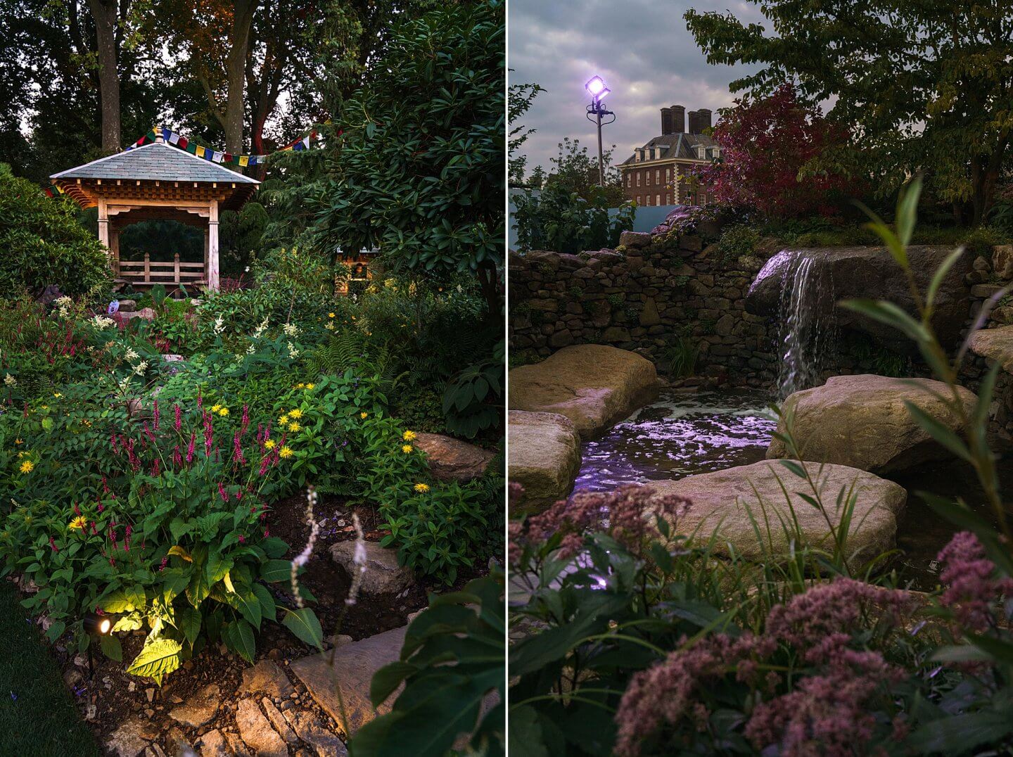 trailfinders garden inspired by Nepal, and Psalm 23 Garden by Sarah Eberle, after dark at RHS Chelsea