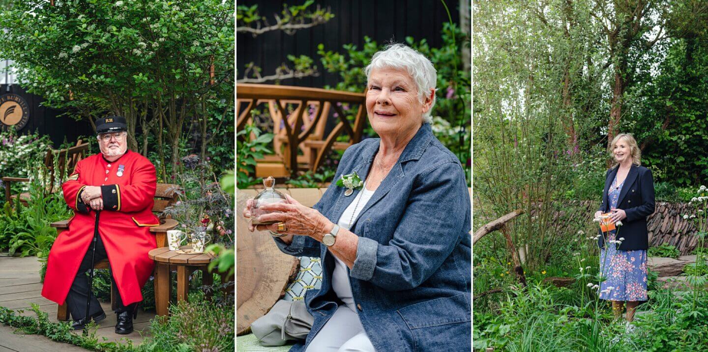 Dame Judi Dench, Carol Kirkwood and Chelsea Pensioner at RHS Chelsea Flower Show press day