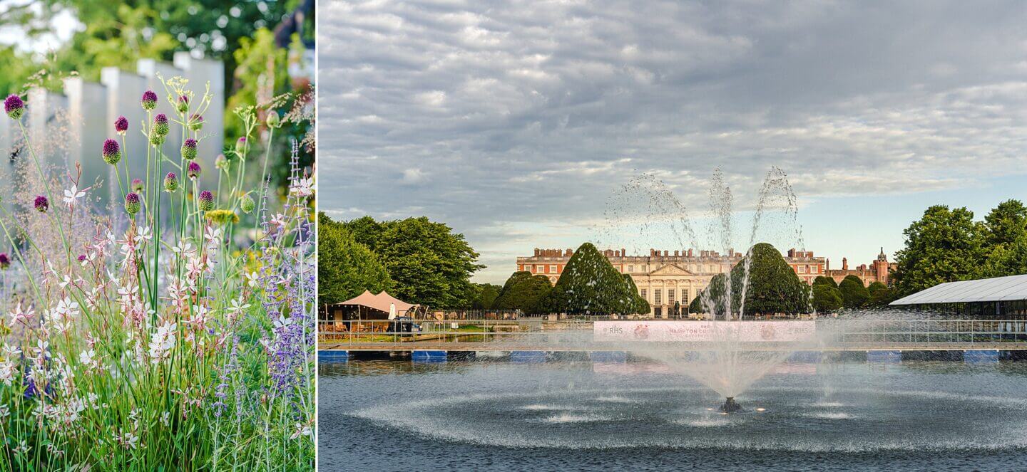 Hampton Court with The Long Water entry to the garden festival flower show in July