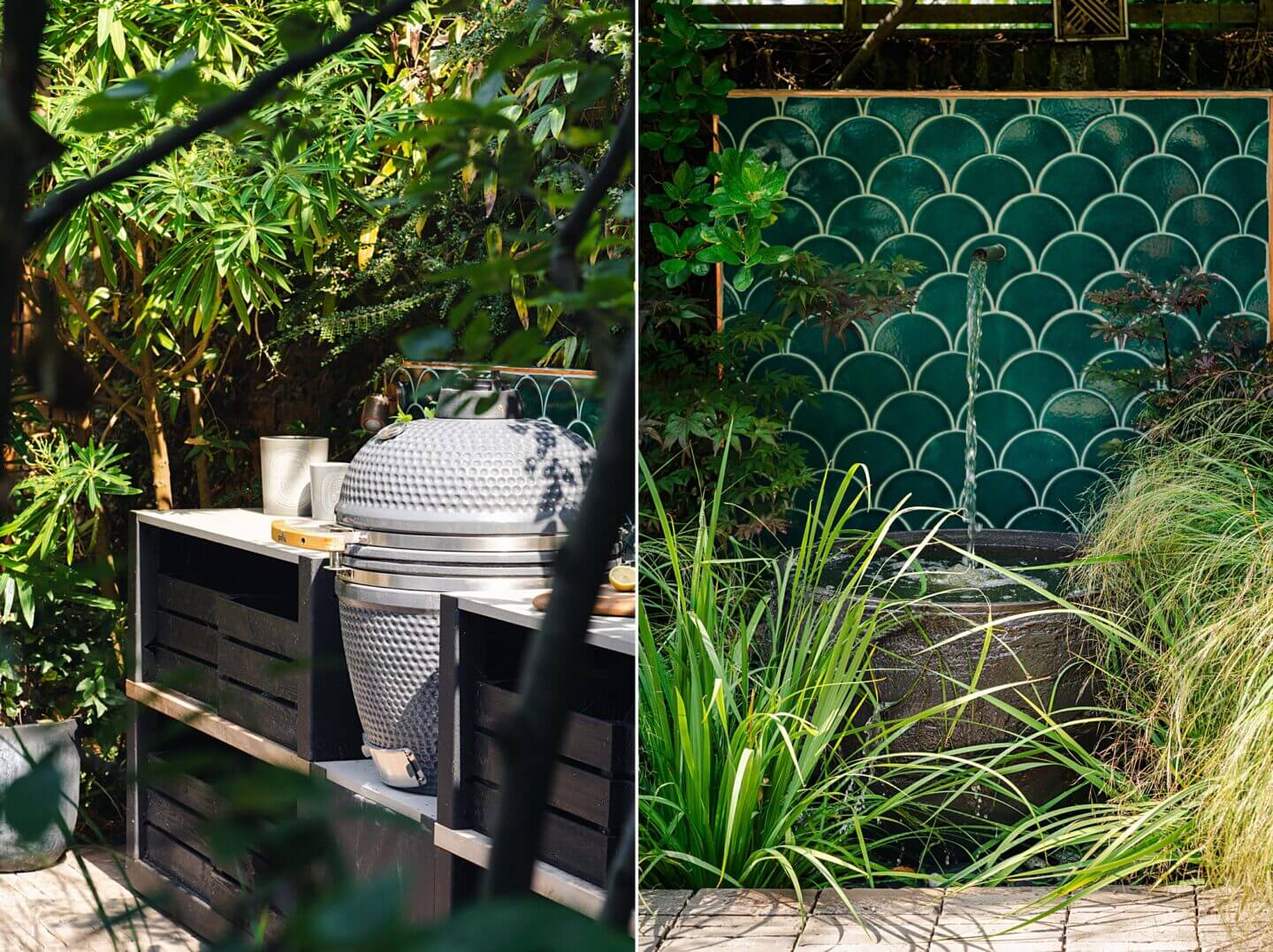 Art Deco style green tiled garden design with outdoor kitchen and water feature designed by Pollyanna Wilkinson
