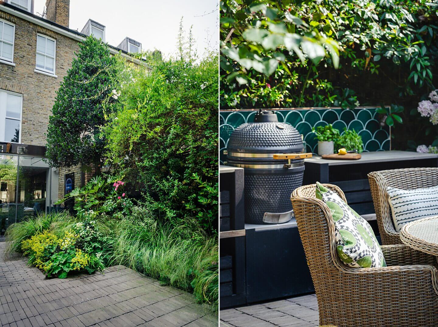 Example of a compact urban courtyard garden with mature planting, seating area and outdoor kitchen
