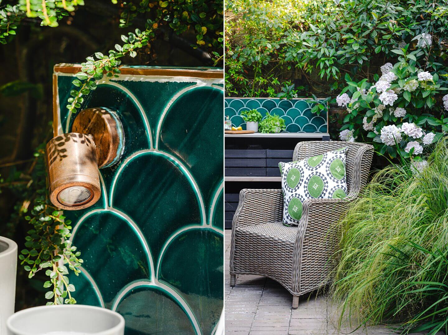 Green tile details and brass lighting with wicker seating and Hydrangea