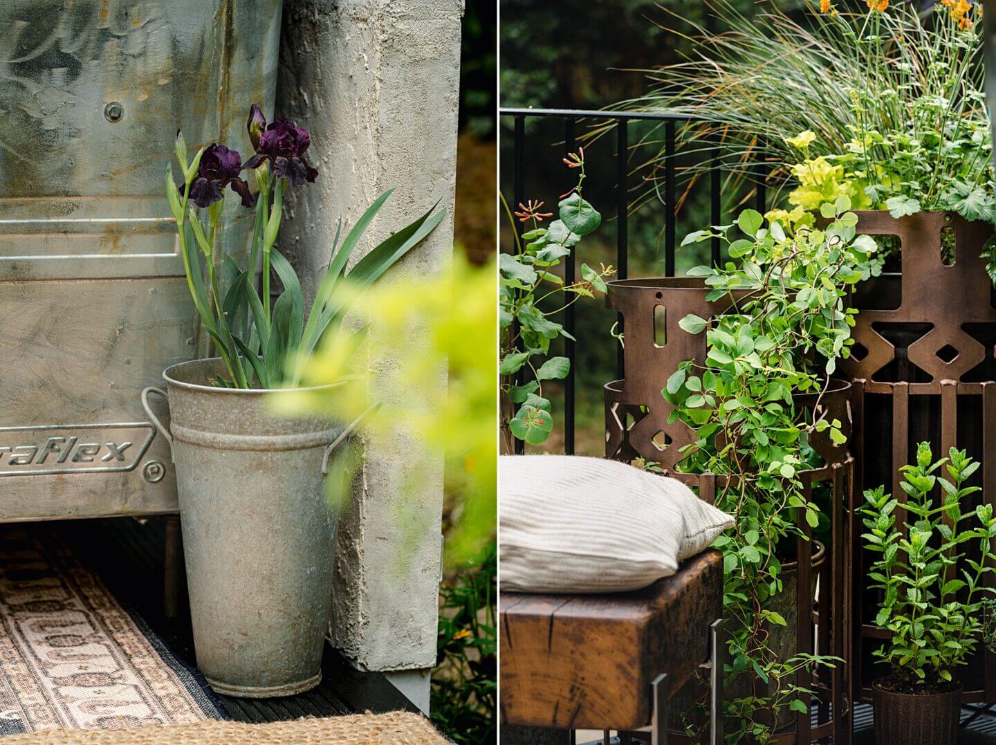 Details of Alight Here balcony garden with repurposed container planting