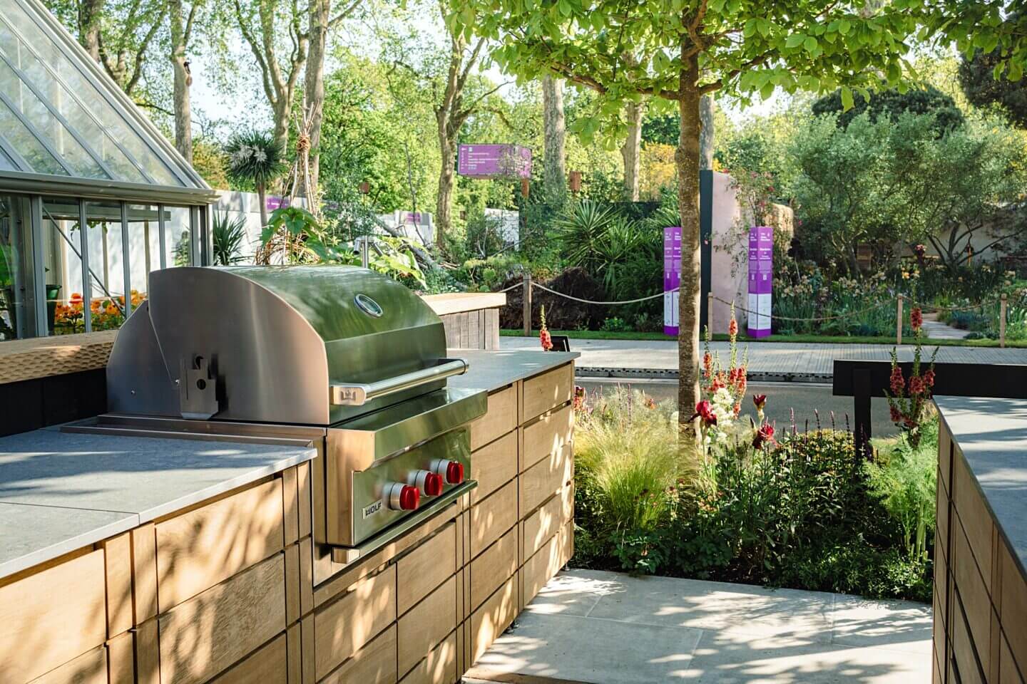Outdoor kitchen with grill displayed by Gaze Burvill at Chelsea Flower Show