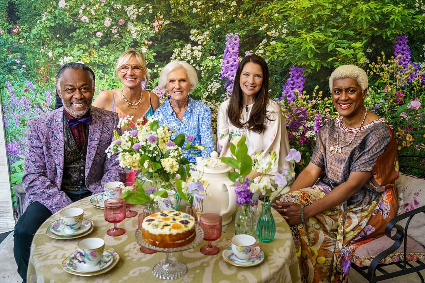 Danny Clarke, Jo Whiley, Mary Berry, Rachel de Thame and Arit Anderson at Chelsea Flower Show for the National Garden Scheme.