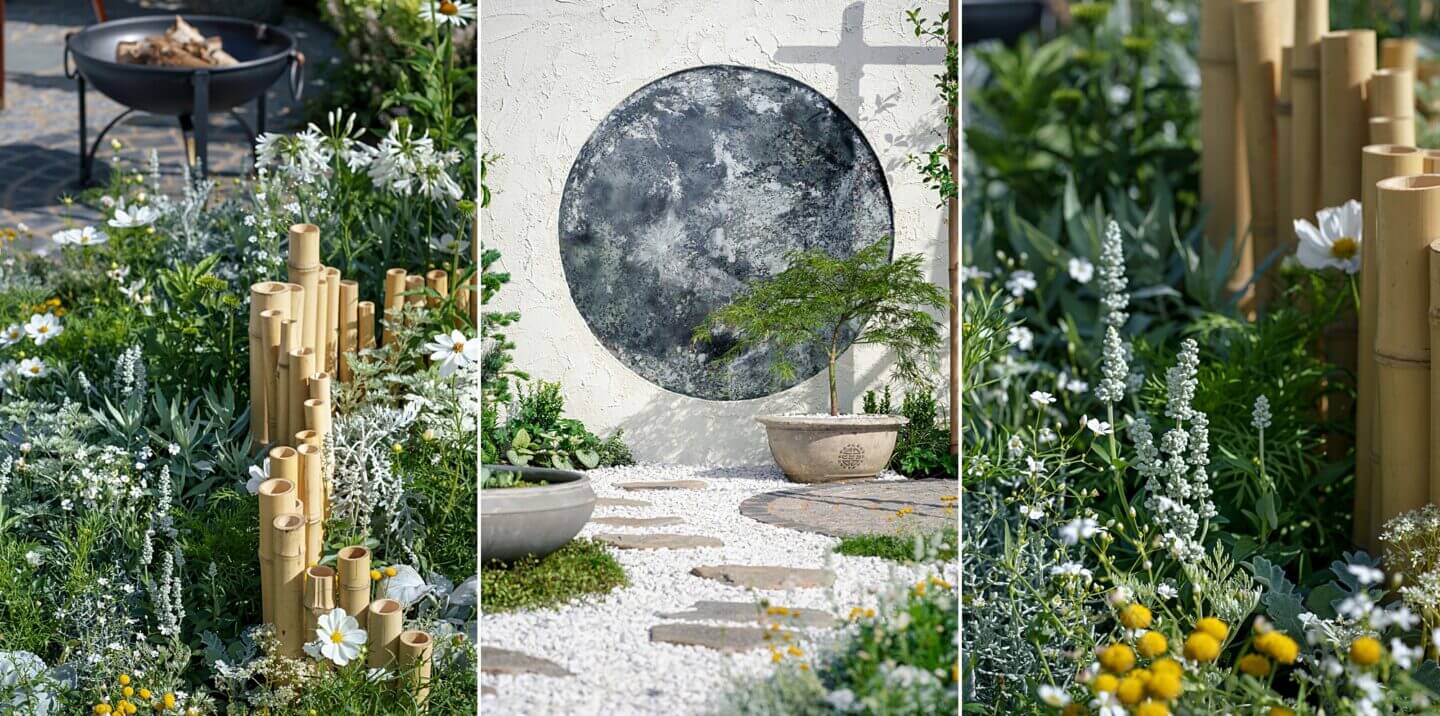 White a green planting and moon feature mirror in a lunar garden