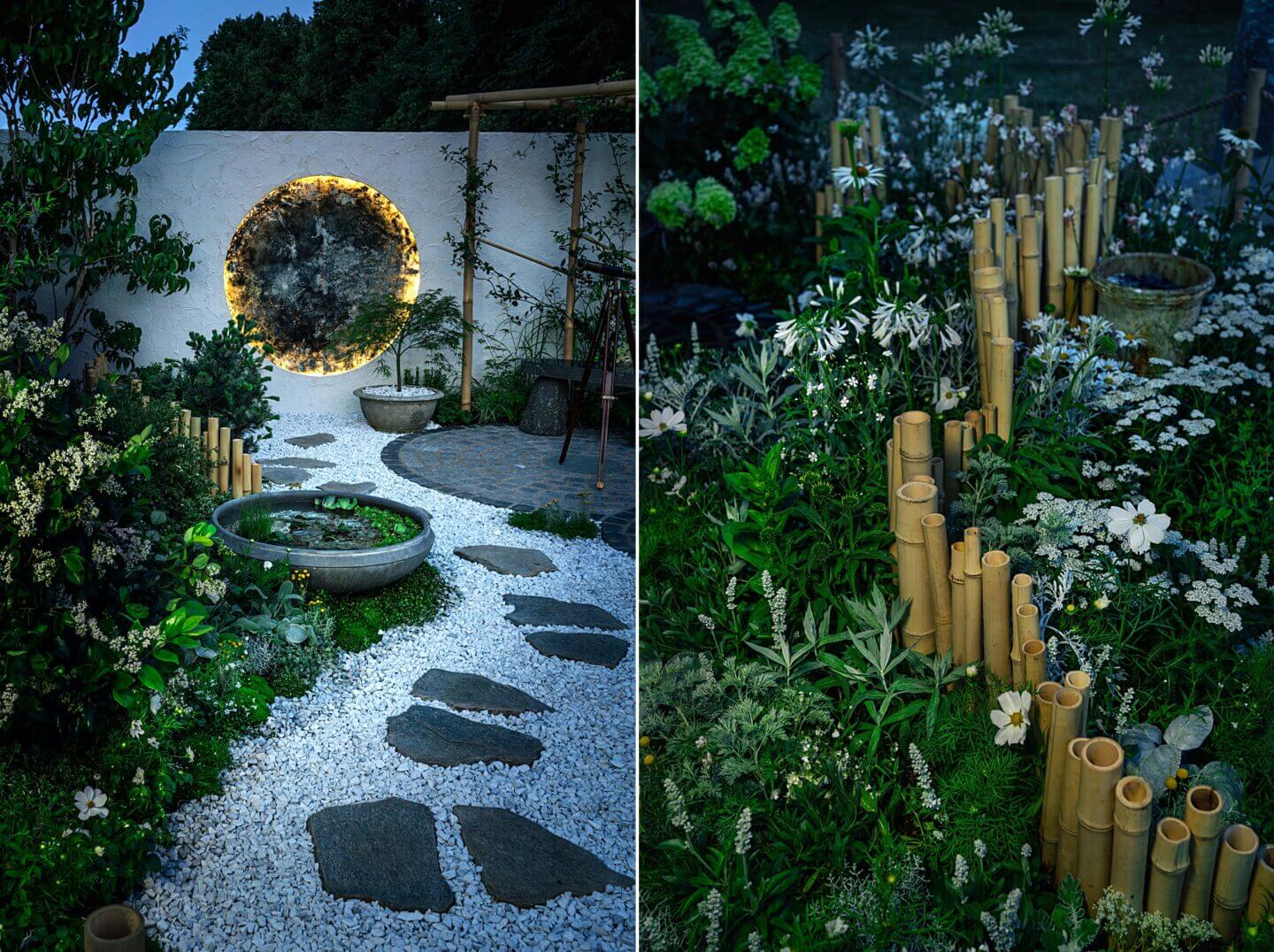 White plants by moonlight in a lunar garden