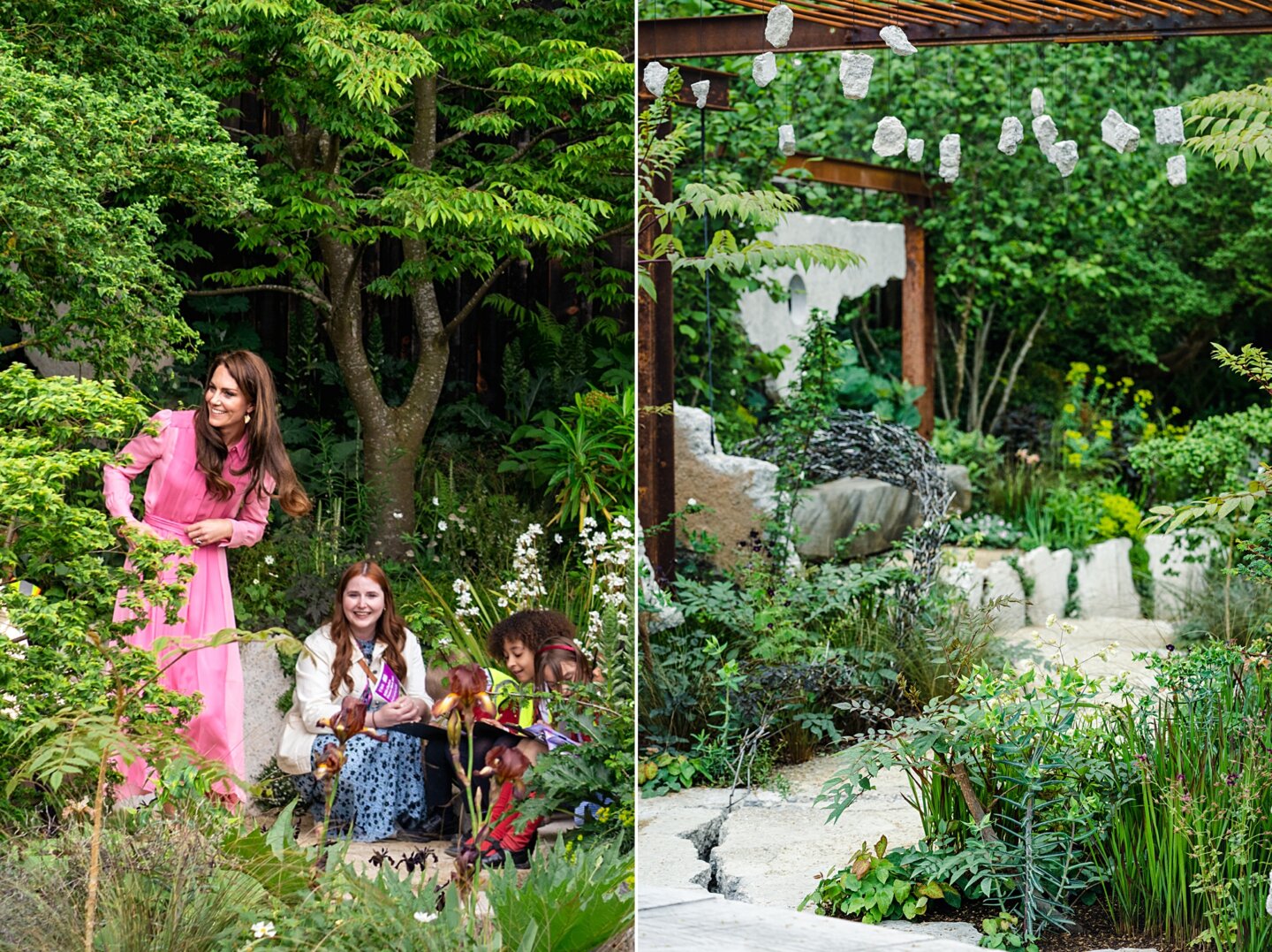 Catherine Princess of Wales visits Chelsea Flower Show Samaritans garden with local children